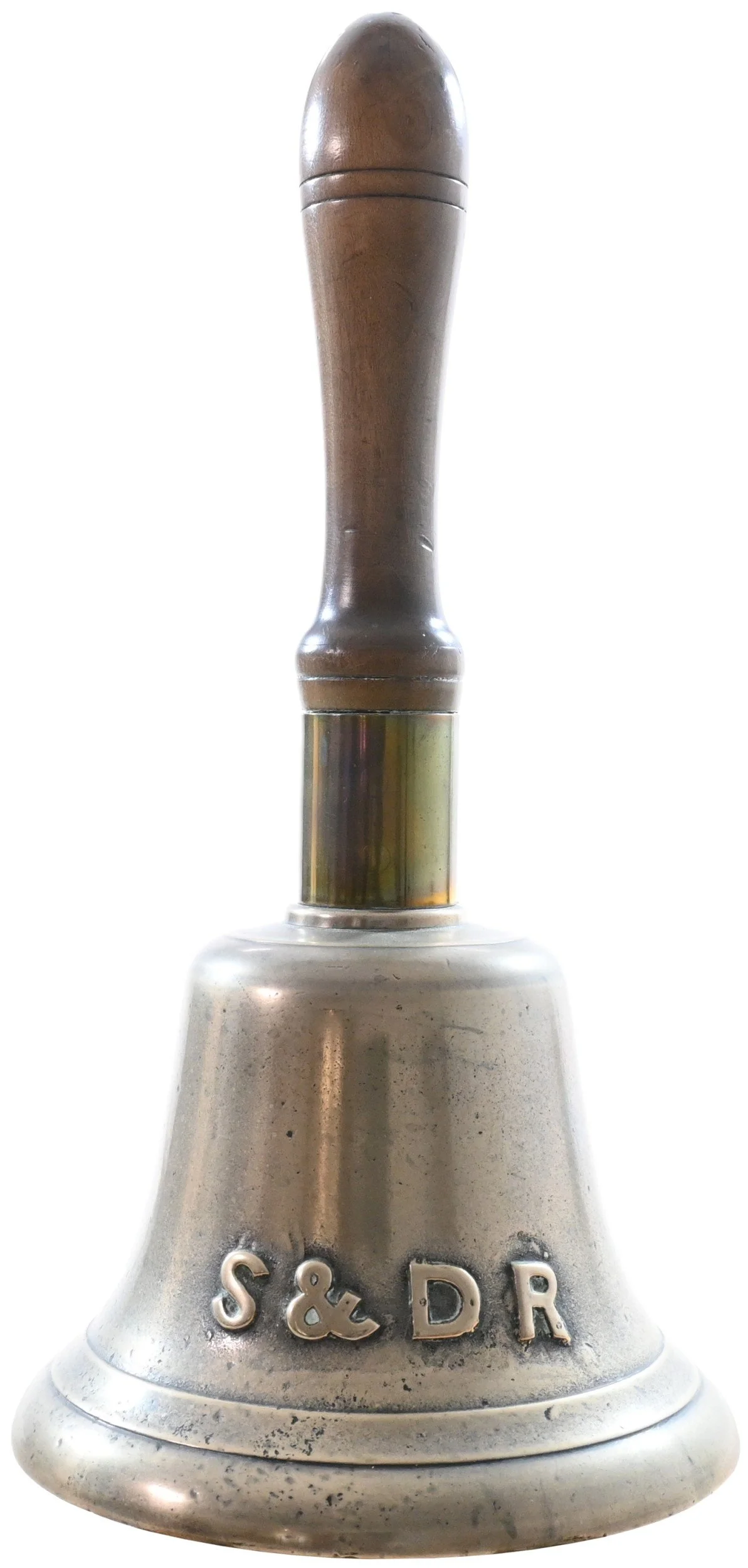 A vintage bell with a wooden handle and engraved metal base reading 'S & D R'.