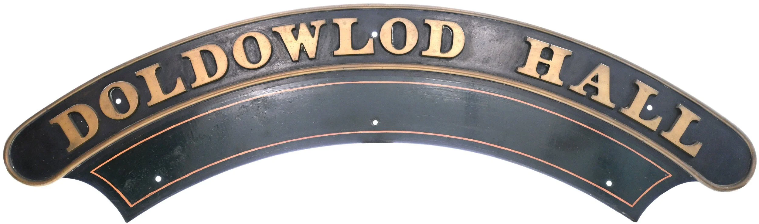 A vintage-style black sign with gold raised lettering that reads 'DOLLDOWN HALL'.