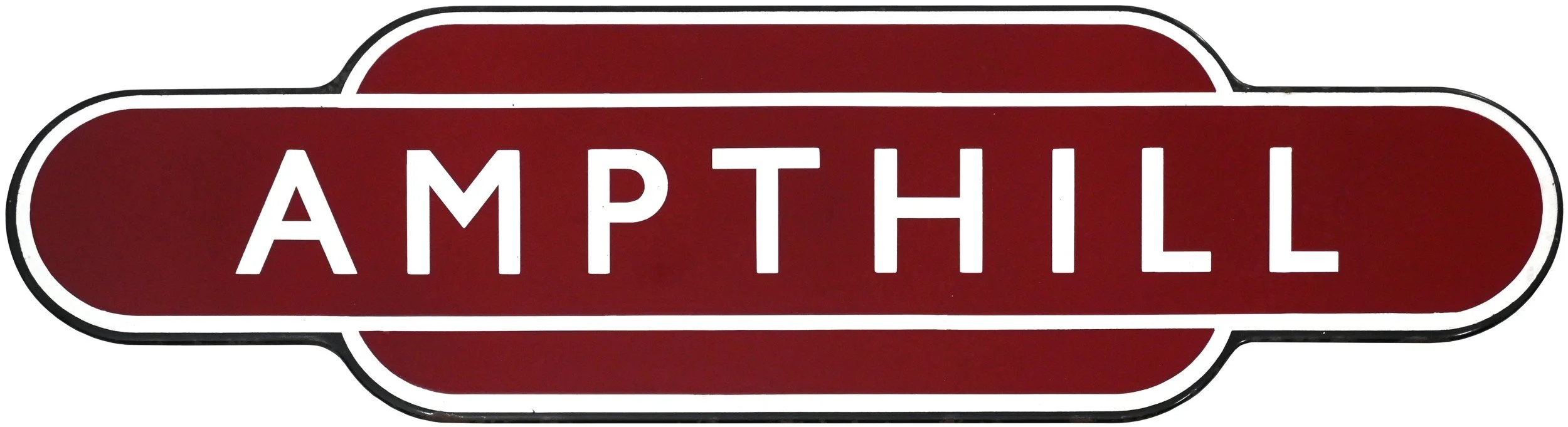Red railway station Totem sign with the word 'AMITYHILL' in white uppercase letters, outlined in black.