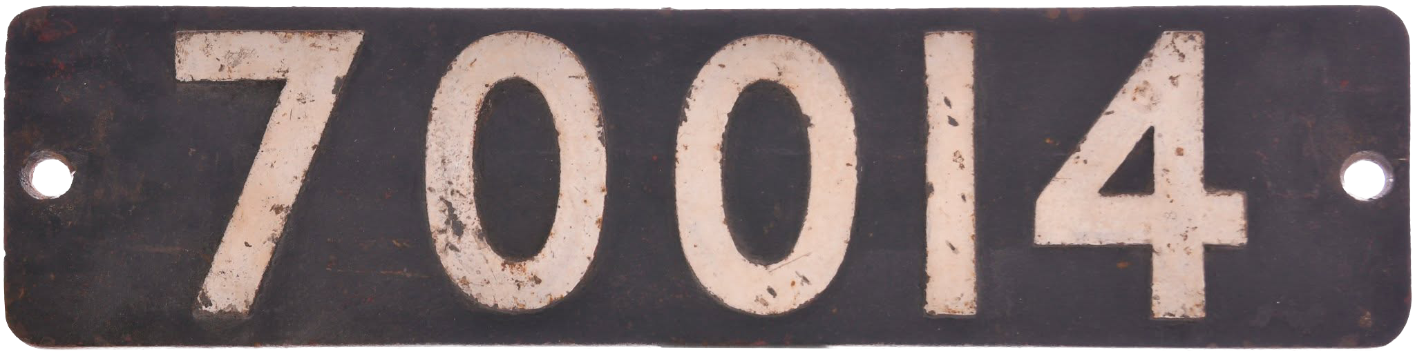 A vintage black metal license plate with white numbering reading 70074, showing signs of rust and wear.