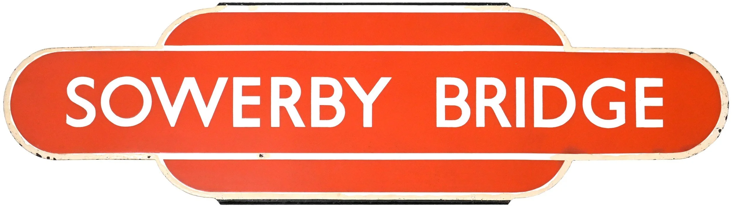 railway station Totem Sign for Sowerby Bridge with red background and white text