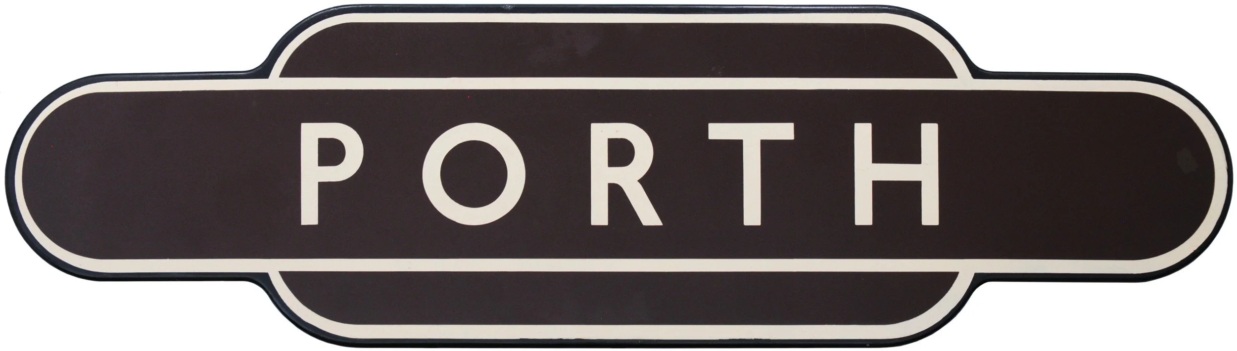 Black and white railway station Totem sign with the word 'PORTH' in capital letters.