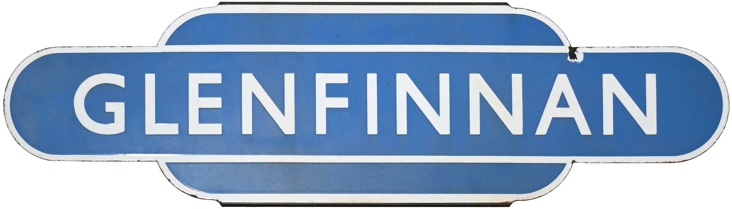 Blue railway station Totem sign with the white text 'Glenfinnan'.