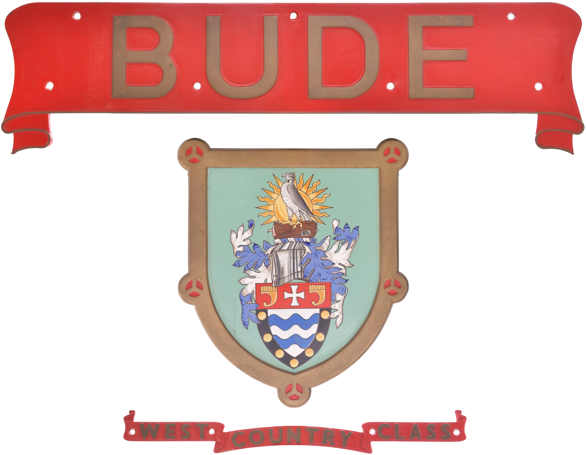A shield-shaped sign with a red top and a beige bottom, featuring a coat of arms with a bird, a wooden log, and a shield. Text on a red banner at the bottom reads 'West County Class'.