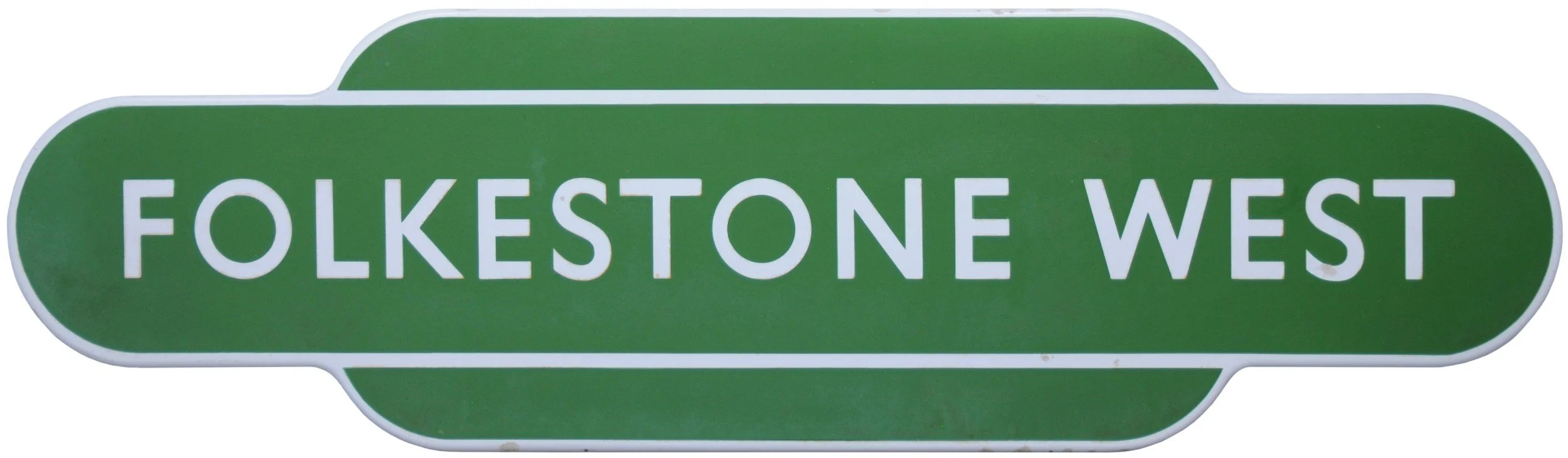 railway station Totem sign reading "Folkestone West" with a green background and white border.