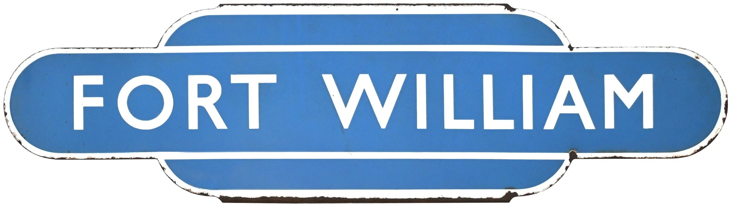 White text on a blue railway station Totem sign that reads "Fort William."