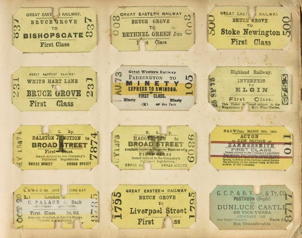 A collection of vintage train tickets from the 1870s for various railways and destinations, including Bruce Grove, Bethnal Green, Stoke Newington, Paddington to Swindon, Elgin, Broad Street, Liverpool Street, and Dunluce Castle.