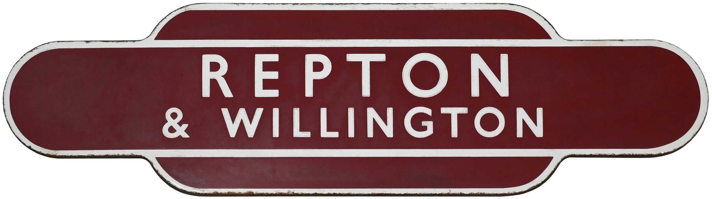 railway station Totem sign for Repton & Willington, oval shape with maroon background and white lettering.