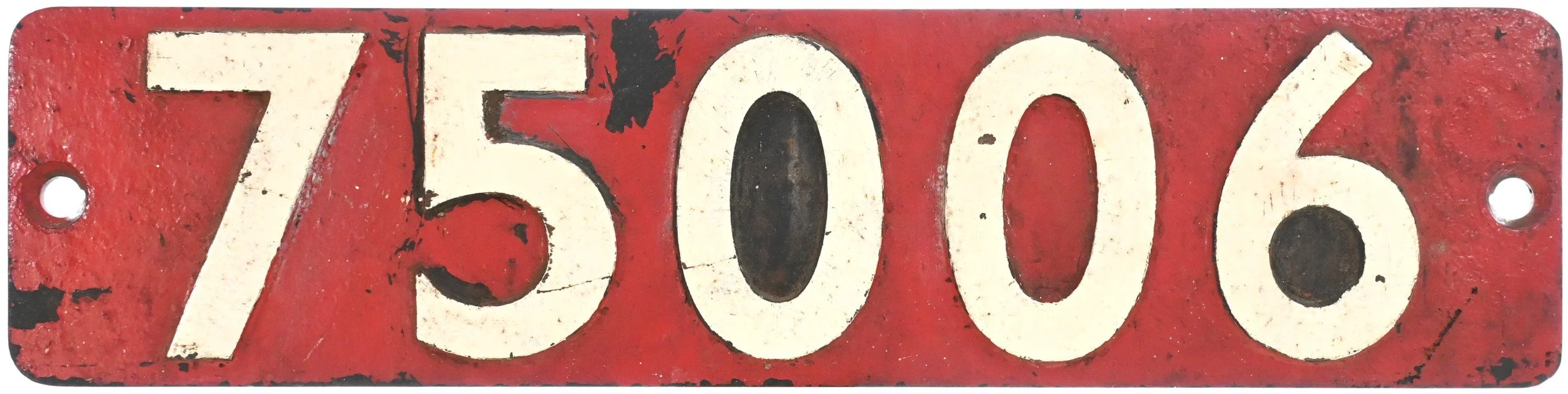 Locomotive Smokebox Numberplate 75006 on a red background, showing signs of rust and wear.
