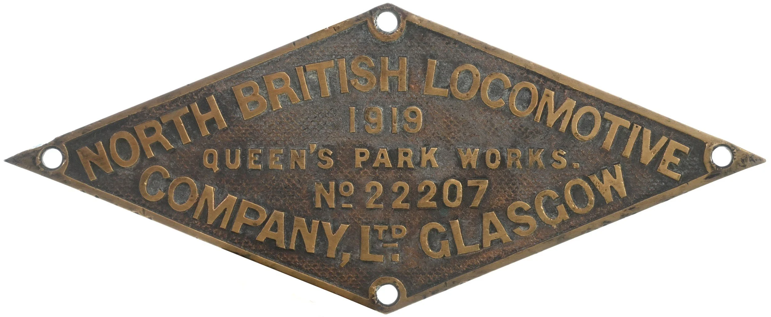 Vintage metal plaque from 1919 with the inscription 'North British Locomotive Company Ltd., Glasgow', and details about Queen's Park Works and the serial number 2207.