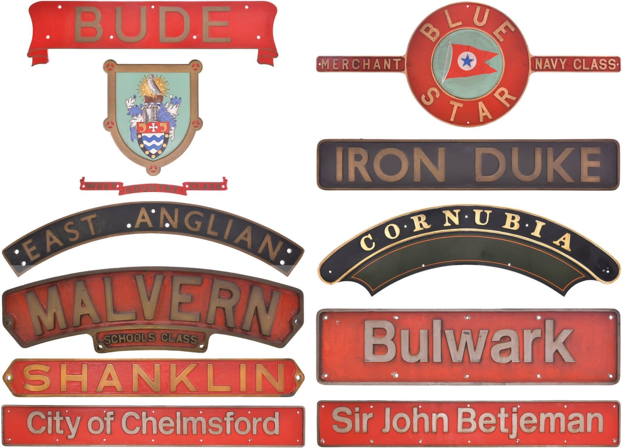 Collection of vintage style signs including names and labels such as BUDE, Blue Star Navy Class, Iron Duke, Shanklin, Chelsford, and Sir John Betjeman.