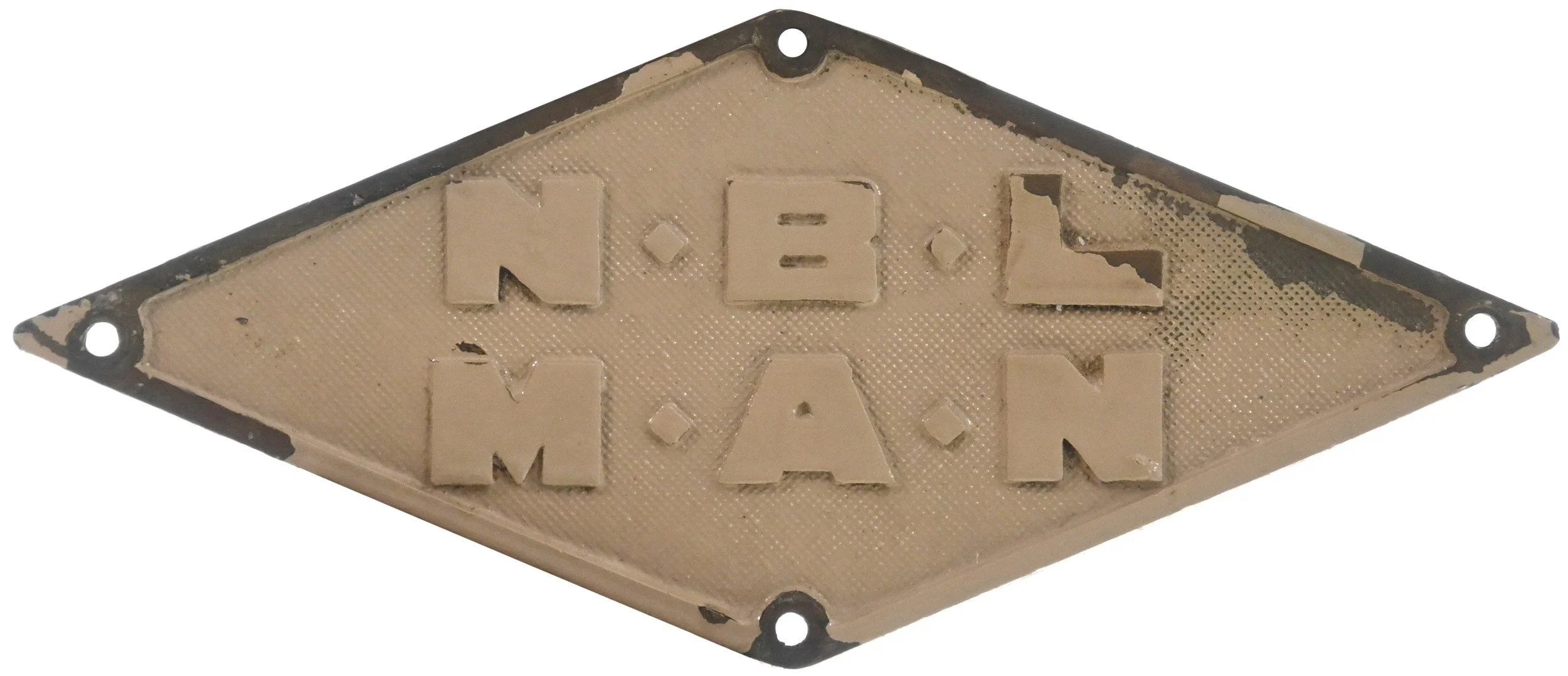 A vintage worksplate with raised block letters on a diamond-shaped metal background.