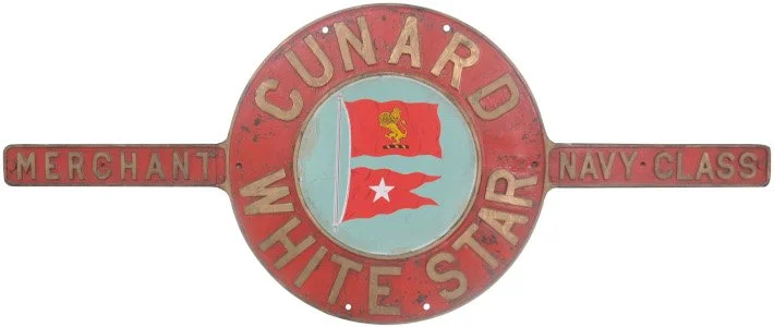 Vintage round metal badge with a flag in the center, surrounded by inscriptions for Gunard White Star, Merchant Navy Class, and a red outer ring.