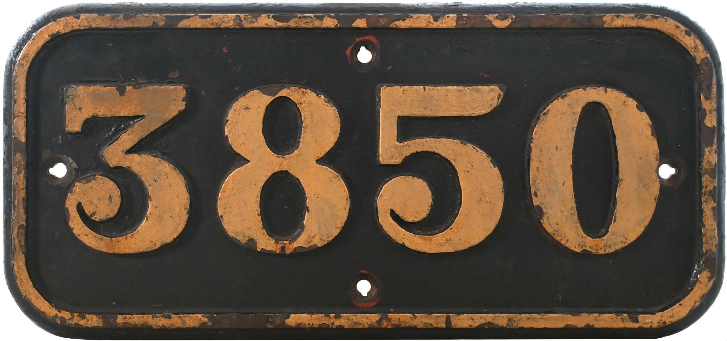 GWR Cabside numberplate No 3850, with chipped paint and four mounting holes.