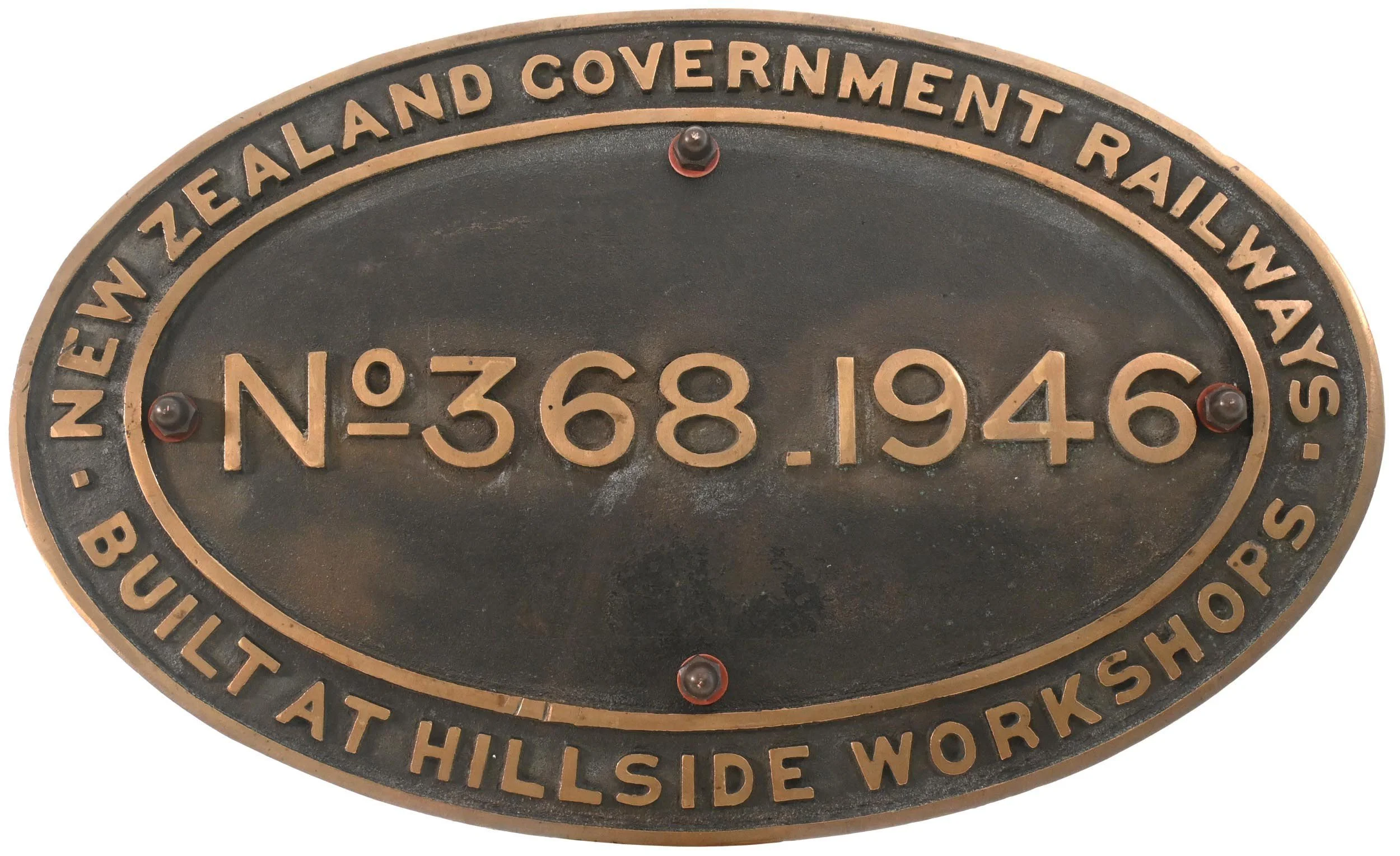 A vintage brass and black metal plaque showing a badge number 368.146 for the Department ofLand, Govenment Railway, with the text surrounding it including city names.