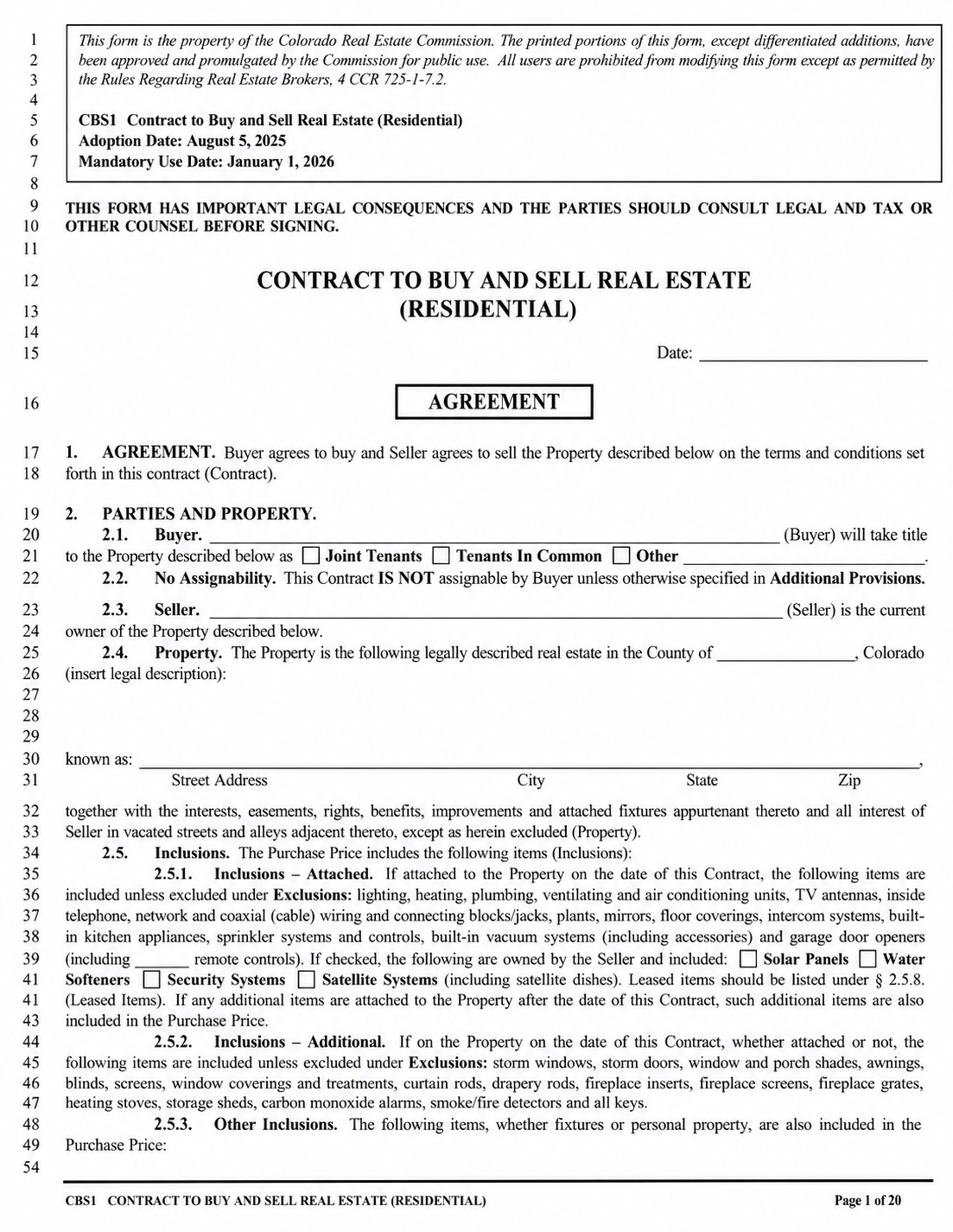 Legal real estate contract form titled 'Contract to Buy and Sell Real Estate (Residential)' from the Colorado Real Estate Commission, with sections for agreement details, parties, property description, and inclusions.