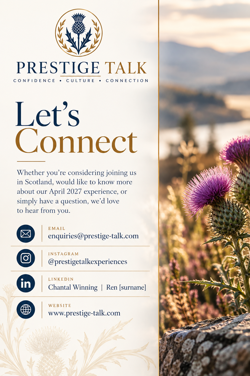 Flyer for Prestige Talk with a beige floral background and purple thistle flowers on a mountainside at sunset. The flyer invites joining a conversation about their April 2027 experience, with contact info including email, Instagram, LinkedIn, and website.