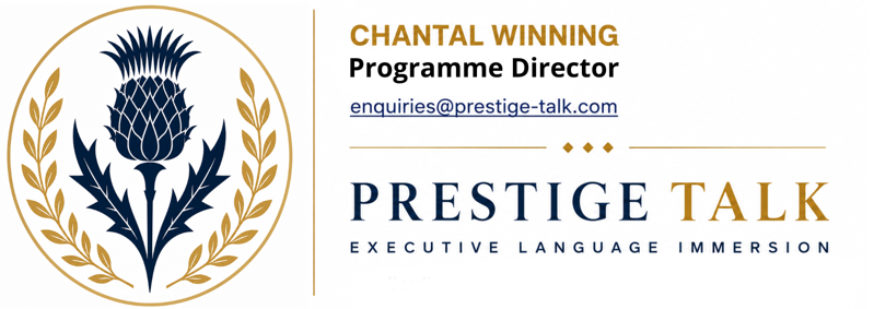 Business card for Chantal Winning, Programme Director at Prestige Talk, featuring a blue and gold thistle logo, contact email, and the slogan 'Executive Language Immersion'.