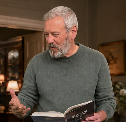 An older man with gray hair and a beard, wearing a green sweater, reading a book indoors.