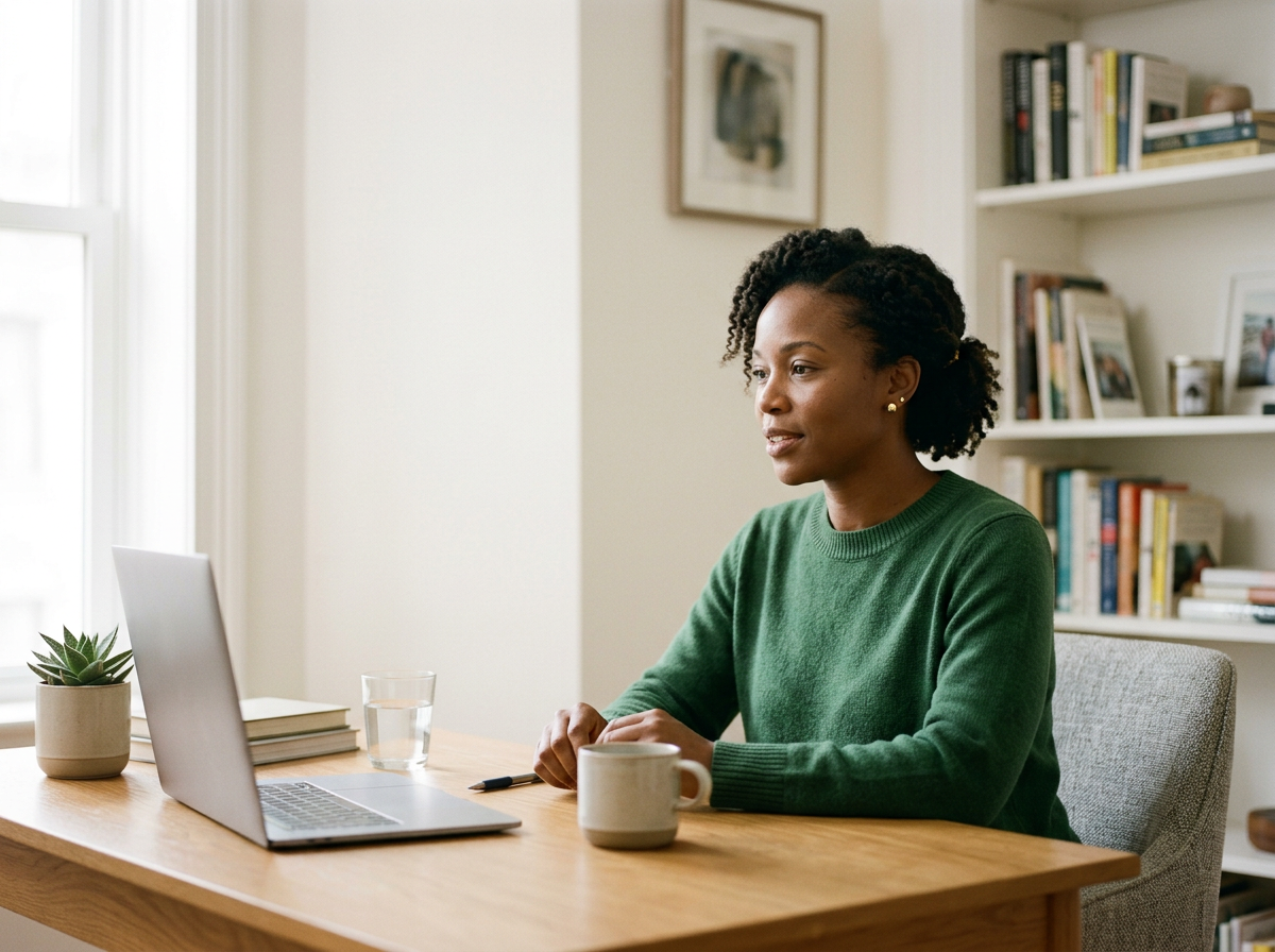 A woman sitting at a wooden desk in a bright room, looking at a laptop, with a cup, a glass of water, a plant, and books on the desk, and a bookshelf in the background.