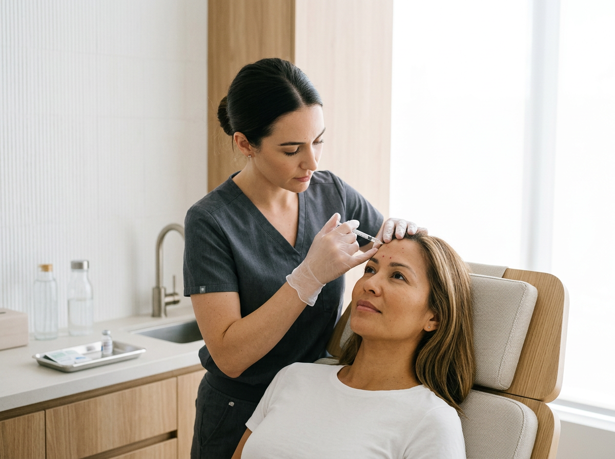 Medical professional injecting Botox into a woman's forehead during a consultation.