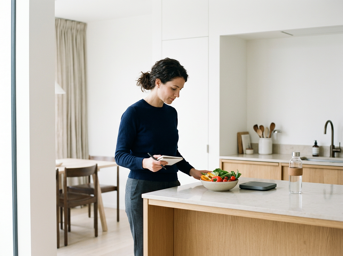 Woman standing by kitchen island, looking at salad bowl, holding a notepad and pen, with digital scale and water bottle on the counter.