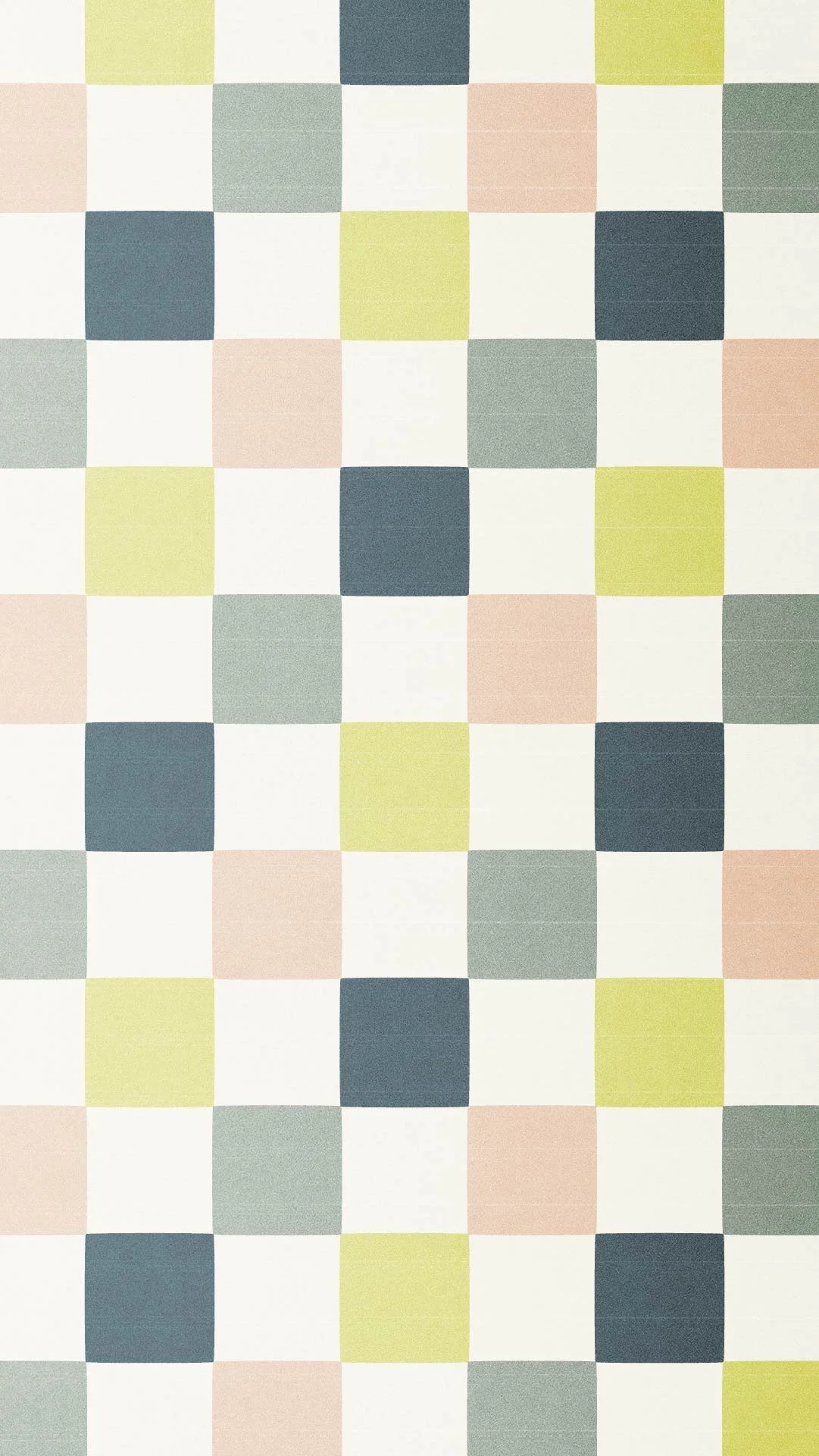 Pattern of multicolored squares in pastel shades including green, blue, pink, cream, and gray, arranged in a grid.