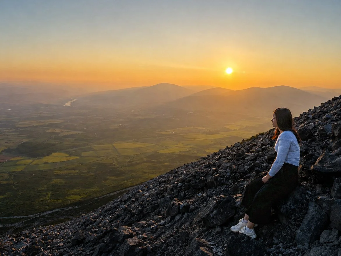 A woman sitting on a rocky mountainside during sunset, overlooking a valley with fields and distant mountains.