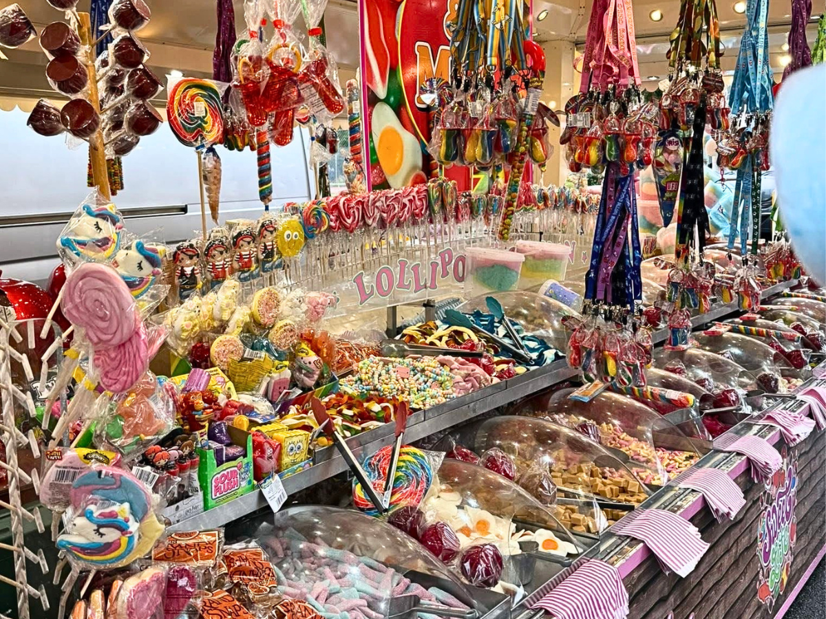 Lots of coloured candy on a stall at Tavistock Goose Fair 2025