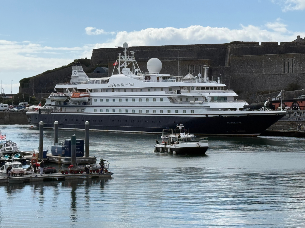 SeaDream looking with The Citadel in the background, Plymouth Barbican