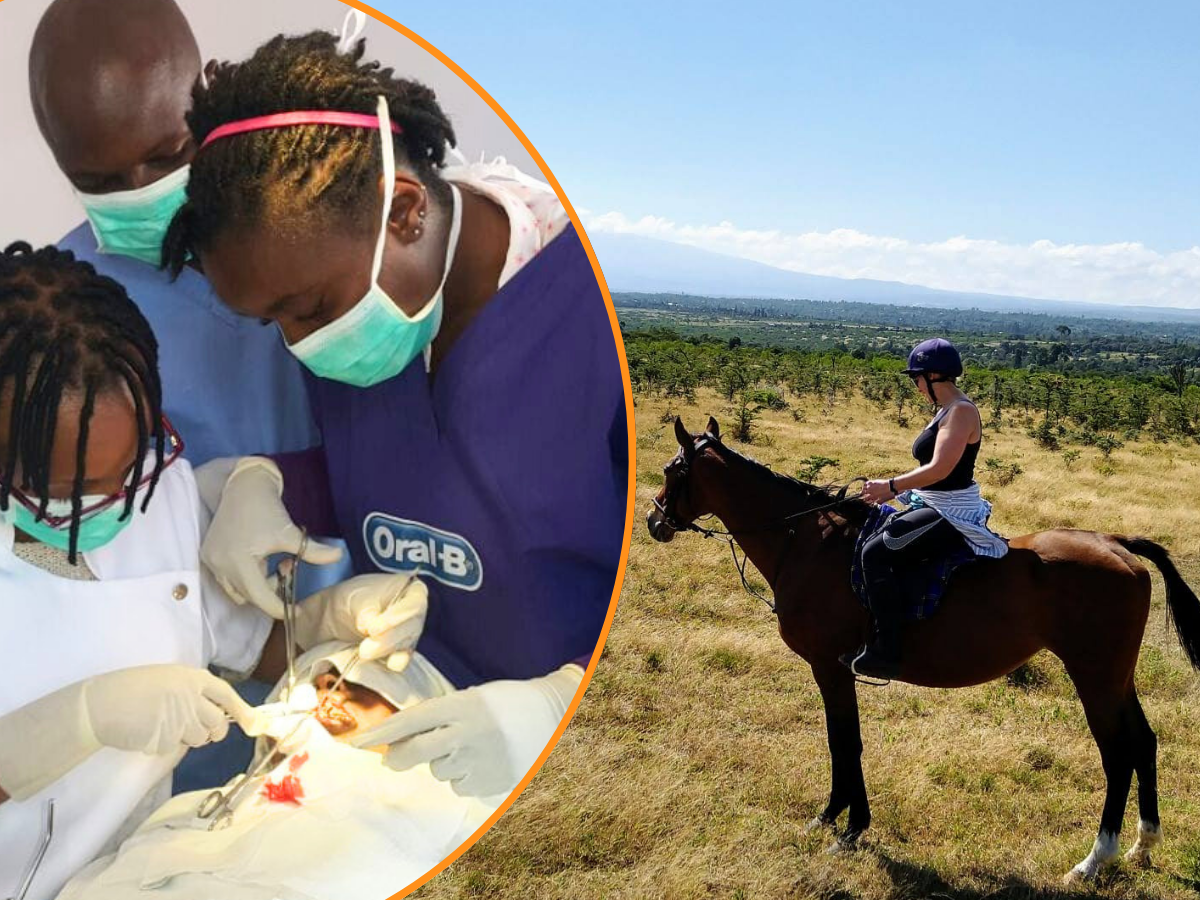Tara on her horse in Africa and (inset) her dental practice