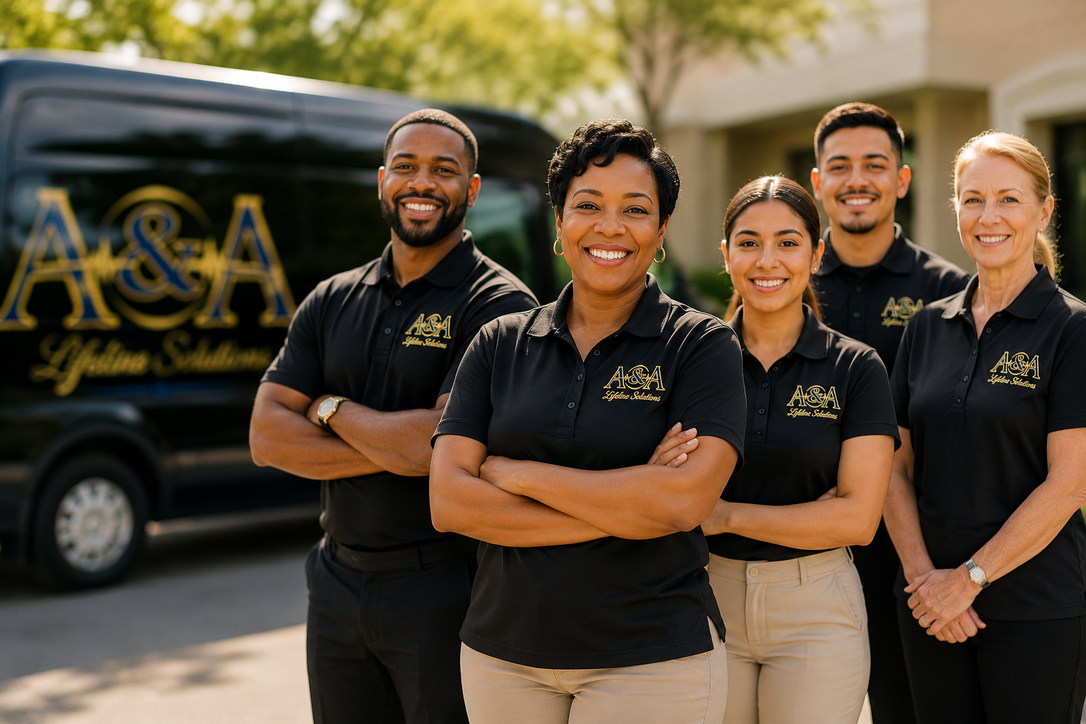 A diverse group of five smiling professionals, four women and one man, standing outdoors, wearing matching black polo shirts with a gold logo that reads 'A&A Lifestyle Solutions'. They are posing confidently with their arms crossed, with a company van in the background featuring the same logo.