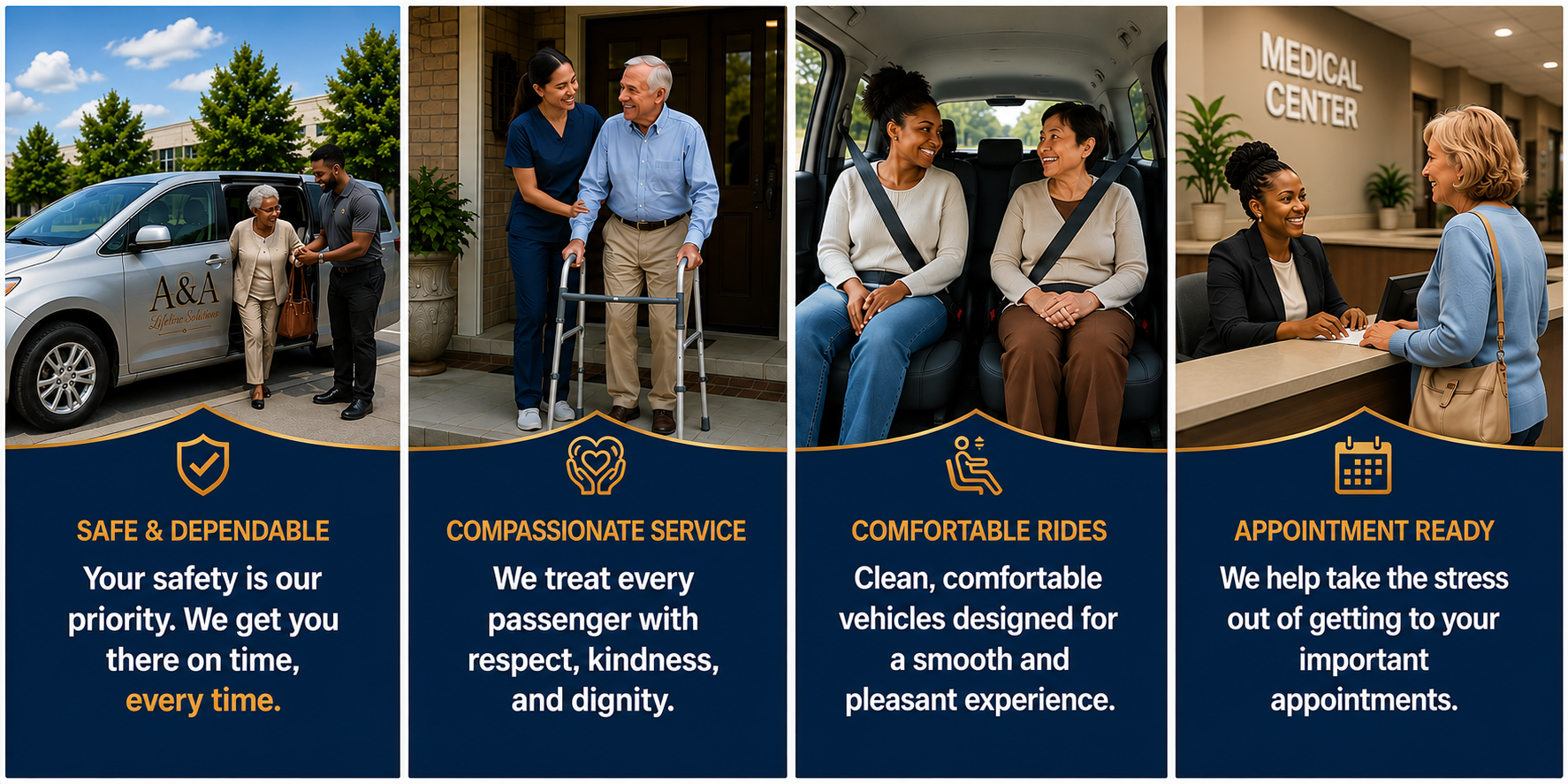 A four-panel infographic promoting a transportation service. The first panel shows an elderly woman being assisted into a vehicle, with text about safety and dependability. The second panel depicts a woman helping an elderly man with a walker, emphasizing compassionate service. The third panel shows two women inside a vehicle, smiling and talking, highlighting comfortable rides. The fourth panel features a woman at a reception desk with a sign reading 'Medical Center,' emphasizing appointment readiness.