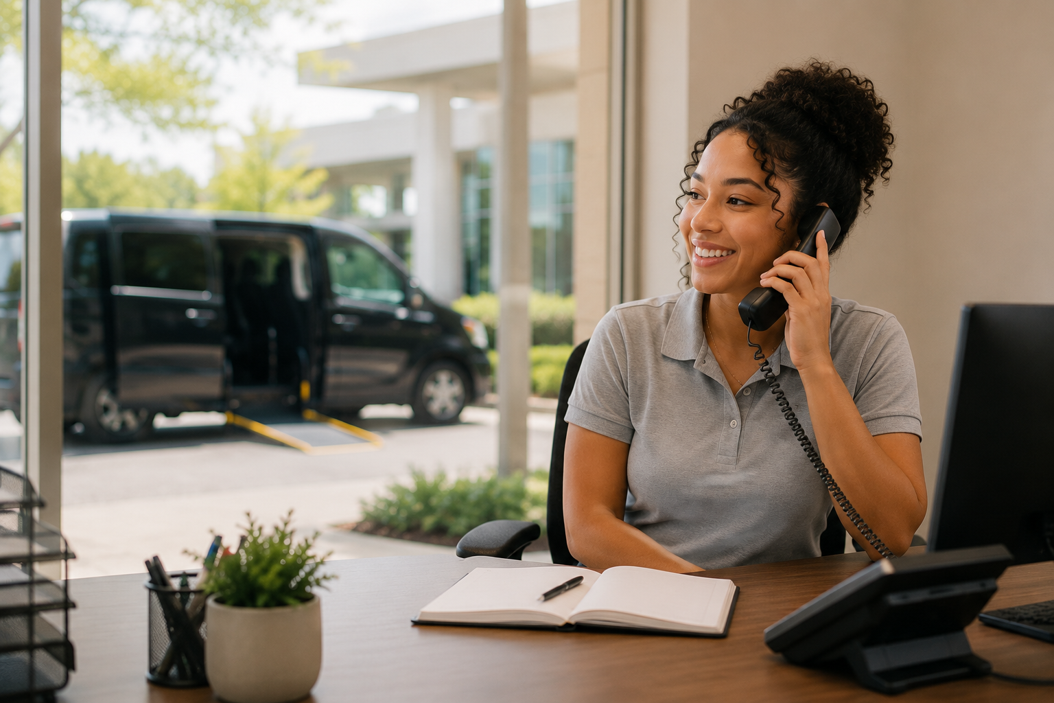 A smiling woman working at an office desk, talking on a landline phone, with a guide wheelchair accessible van outside the window.