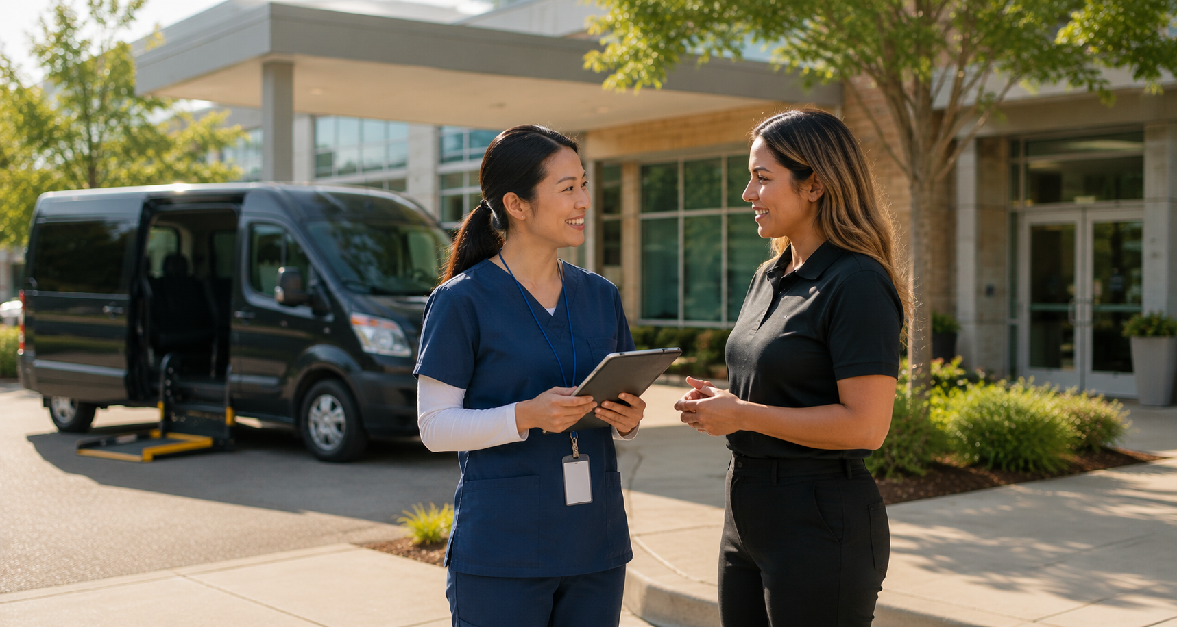 Two women conversing outside near a black van with a wheelchair lift, one in medical scrubs holding a tablet, the other in a black polo shirt, with a building and green trees in the background.