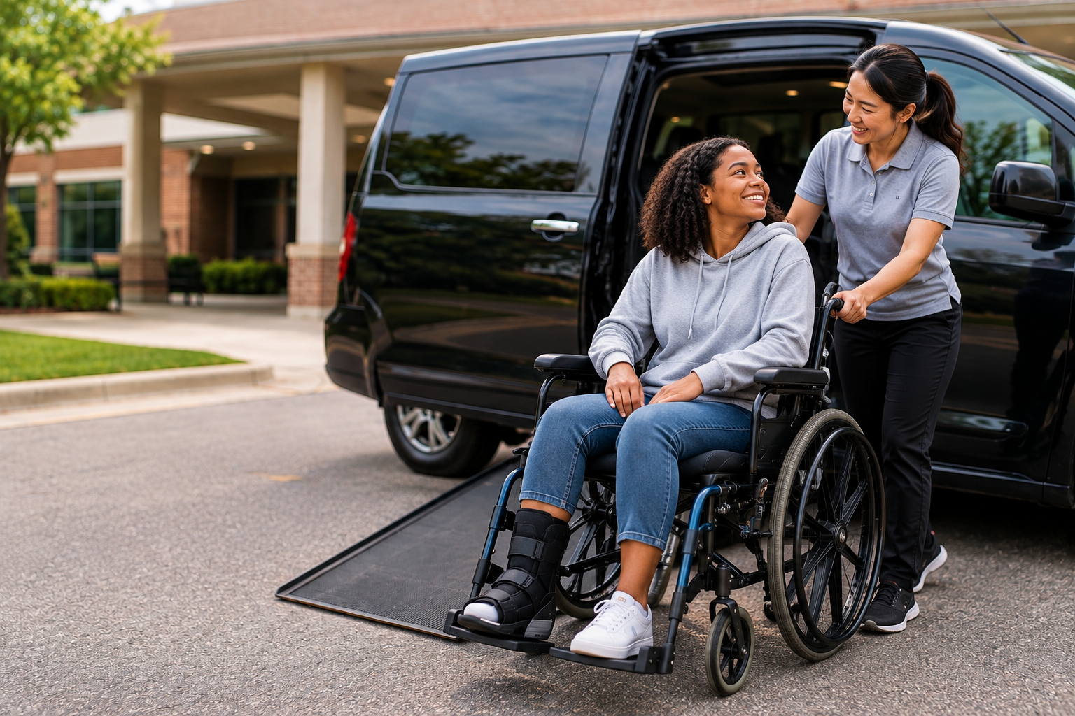 A woman in a wheelchair being assisted out of a black vehicle with a wheelchair ramp, outside a building with trees and greenery.