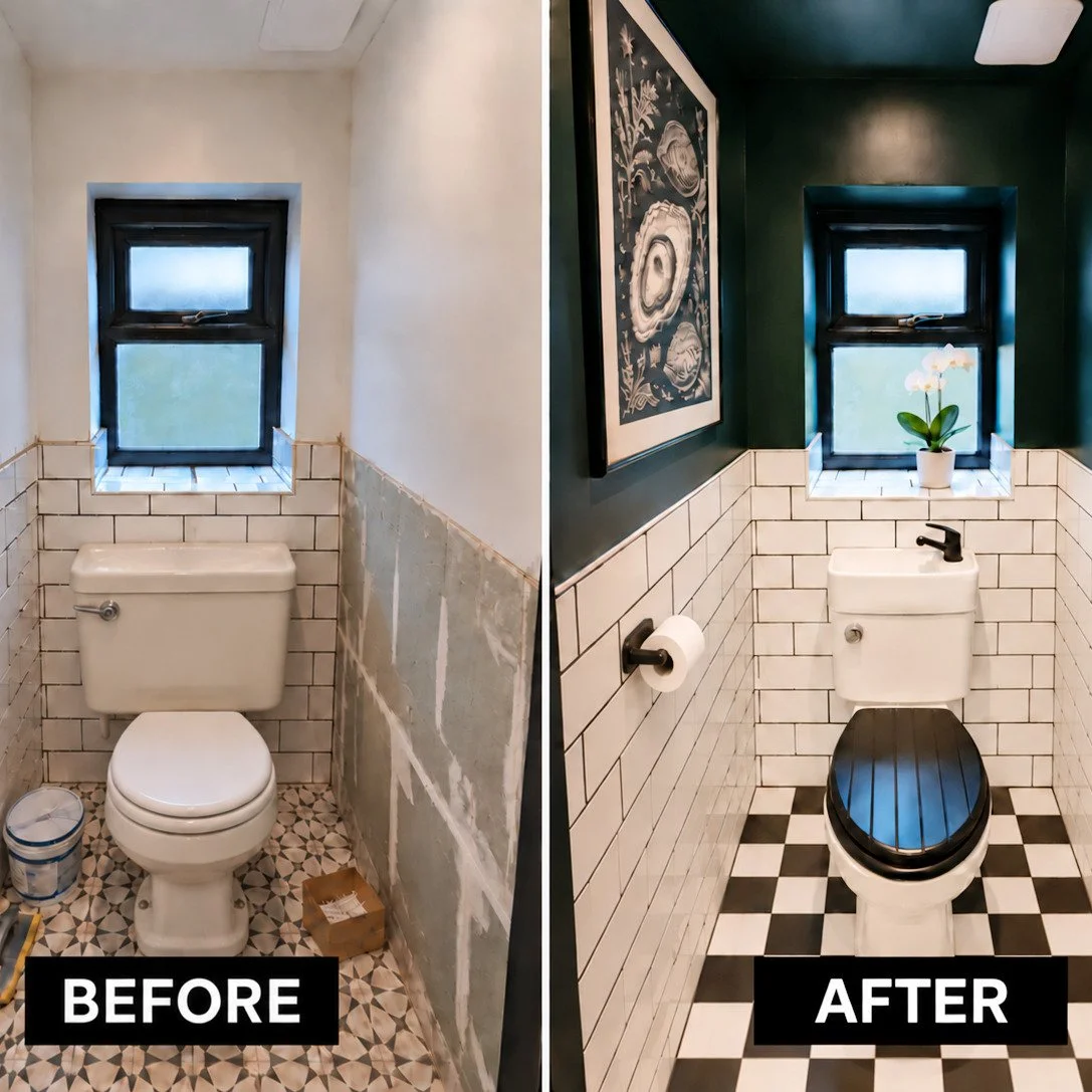 This bathroom transformation shows how much of a difference updated plumbing fixtures and thoughtful finishing touches can make. Even though we didn't design the bold tile work and hunter green walls, we did replace the outdated toilet for this Hydro