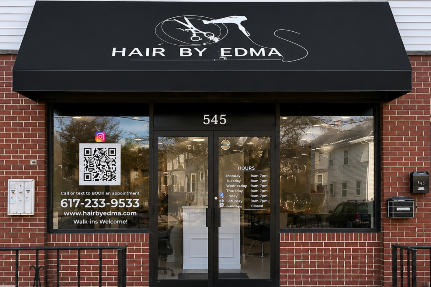 Front view of a hair salon with a black awning labeled 'Hair by Edma,' a range of business hours, contact information including phone number and website, and a QR code on the glass door.