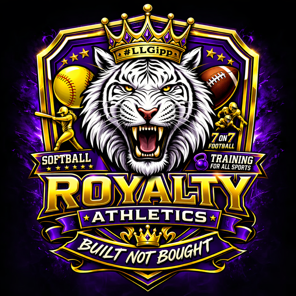 A vibrant, graphic design featuring a roaring white tiger with yellow eyes, a crown with #LLGipp, and sports symbols like a baseball, football, and baseball bats. The text promotes softball, football, and sports training with phrases like "Royality Athletics" and "Built Not Bought," in bold yellow, purple, and gold colors with a dark background and purple lightning effects.