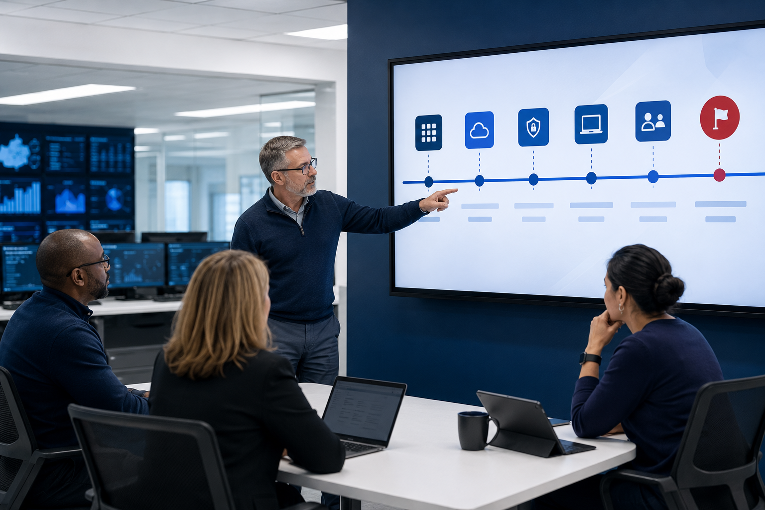 A man presenting a timeline on a digital screen to four colleagues in an office conference room.