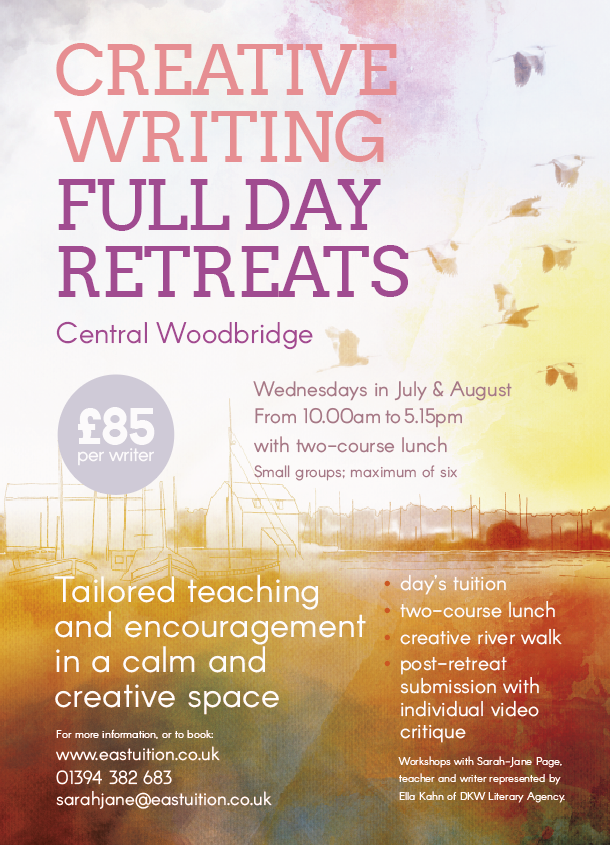 A colorful watercolor poster advertising full-day creative writing retreats at Central Woodbridge, Wednesdays in July and August, from 10 am to 5:15 pm, costing £85 per writer with lunch included. The retreat features tailored teaching, encouragement, and activities like a creative river walk and video critique, led by Ella Kahn of DKV Literacy Agency.