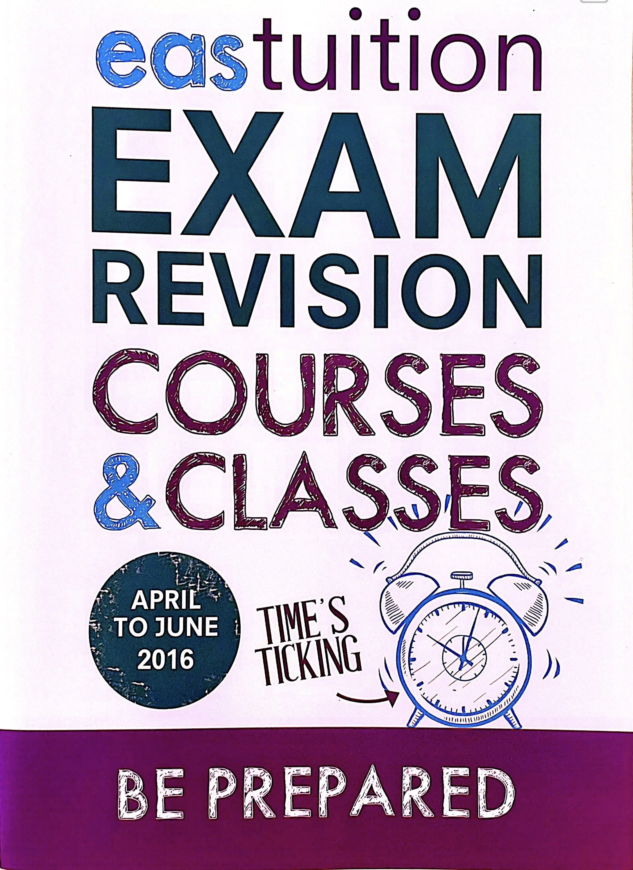 A colorful poster with various words and images promoting exam revision courses from April to June 2016. The words 'eastern,' 'exam,' 'revision,' 'courses,' and 'clases' are prominently displayed with different colors and styles. There is also an illustration of a clock pointing to 7 o'clock, and a circular stamp-like graphic indicating the time frame.
