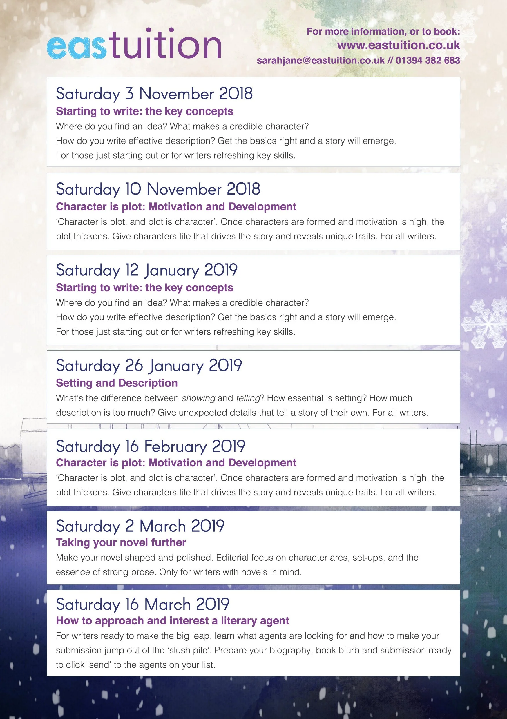 A schedule for East Tuition writing workshops on various dates from November 2018 to March 2019, with titles and descriptions of each session, set against a snowy or frosty background with snowflakes.