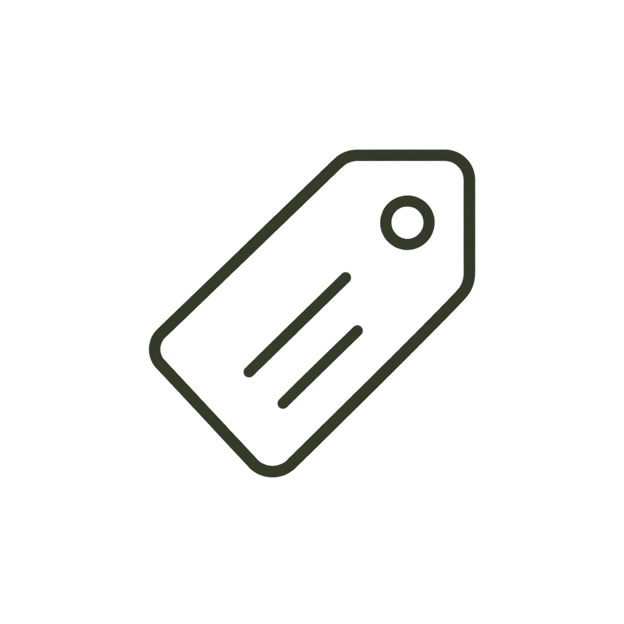 Outline of a price tag with a circular hole at the top and two horizontal lines across the center.