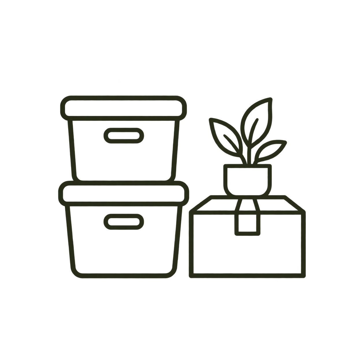Line drawing of two storage bins, a potted plant, and a box.