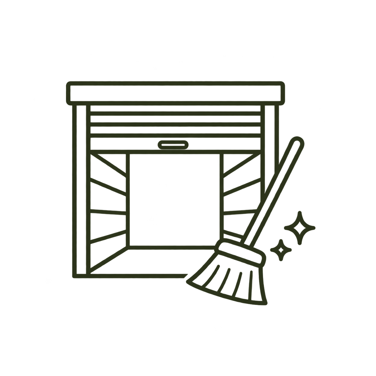 Outline of a hand-painted storefront with a broom leaning against it, and two sparkles near the broom.