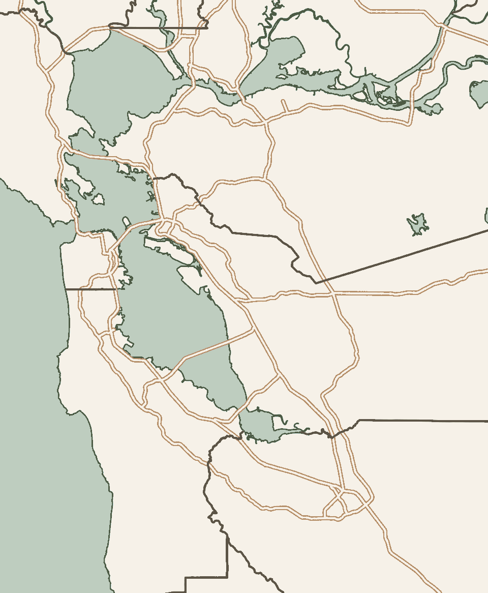 Map showing lakes, roads, and state borders in a region of the United States.