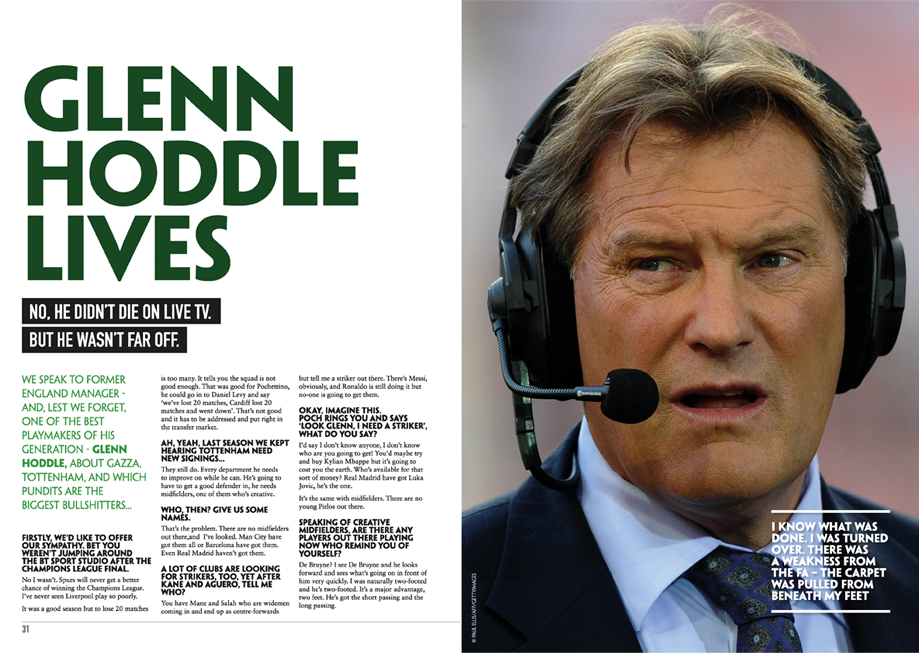 Close-up of Glenn Hoddle in headphones, looking serious; magazine article headline about Glenn Hoddle.