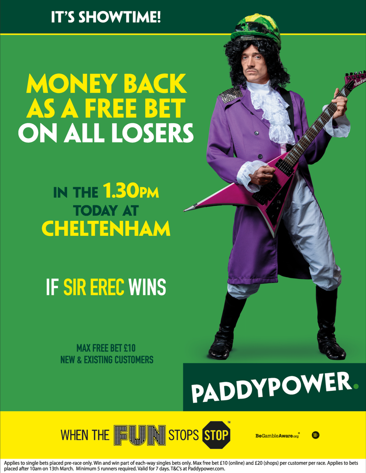 A promotional poster for Paddy Power betting company featuring a man in a flamboyant purple costume and curly black wig, holding a pink electric guitar. The poster advertises a promotion offering money back as a free bet on all losers with a time and location for a betting event. The background is green with yellow and white text.