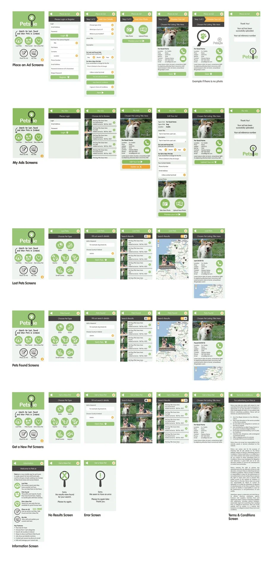 Screenshots of a pet adoption mobile app called Pets.ie, showing various screens for placing ads, managing ads, searching lost and found pets, and getting new pet screens.